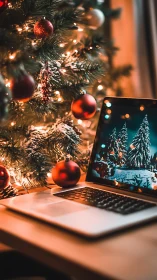 Laptop glows beside ornamented Christmas tree at dusk.