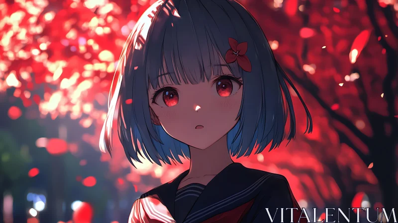 Crimson-lit girl beneath autumn bokeh canopy at dusk.