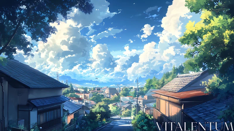 Summer hillside town street under expansive cloud sky.