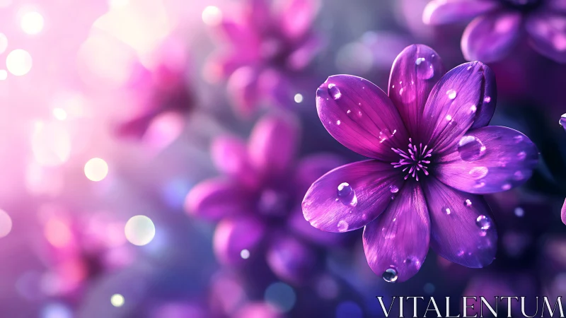 Purple Flower with Water Droplets and Bokeh Background.