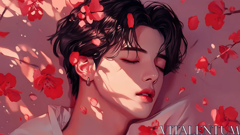 Soft-lit portrait of sleeping youth amid falling red petals