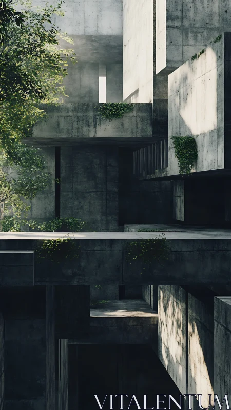 Brutalist concrete building with stepped levels and vegetation growth.