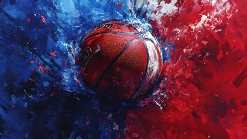 Basketball erupts through red blue paint in kinetic splash.