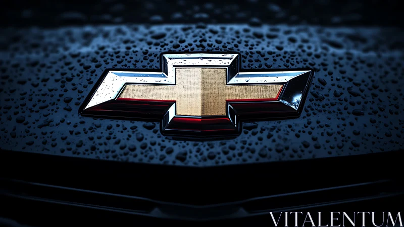 Chrome bowtie car emblem under rain on dark hood surface.