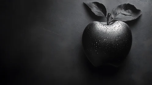 High contrast monochrome apple with water droplets on slate