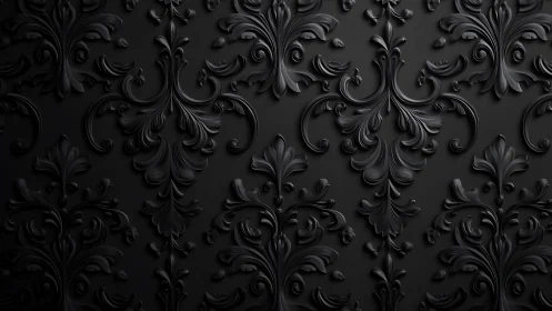Ornate black damask wallpaper creates a dark, luxurious mood