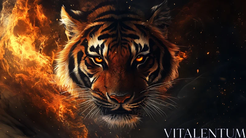 Infernal tiger portrait with blazing orange ember eyes.