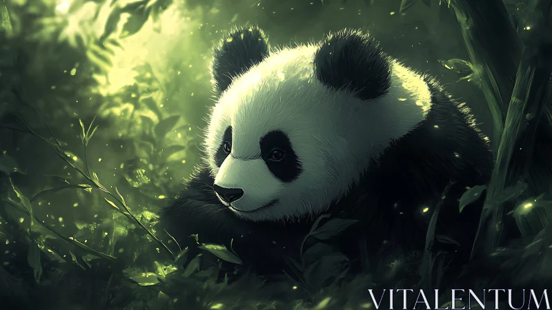 Luminous forest panda in cinematic digital painting style.