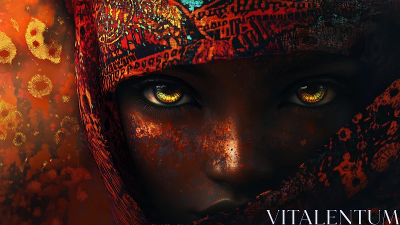 Fiery golden eyes gaze boldly from patterned crimson cloth