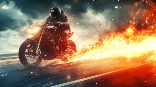 High-speed superbike rider arcs through explosive fire trail