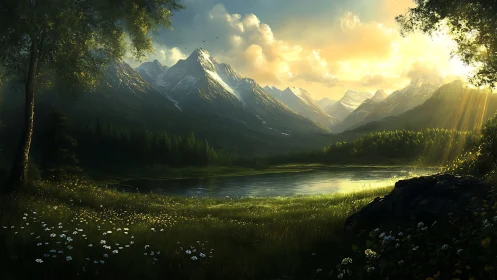 Backlit alpine valley lake with snowcapped mountains at sunset