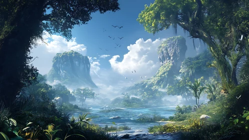 Landscape with geological formations, waterway, and vegetation.