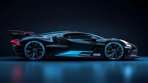 Hypercar side profile isolates carbon fiber body in neon rimlight