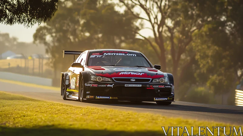 Black touring race car attacking sunlit circuit corner.