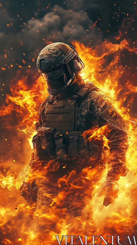 Fire-wreathed soldier strides through sparks like molten resolve