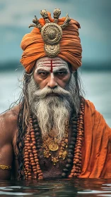 Regal ascetic in orange robes emerging from sacred waters.