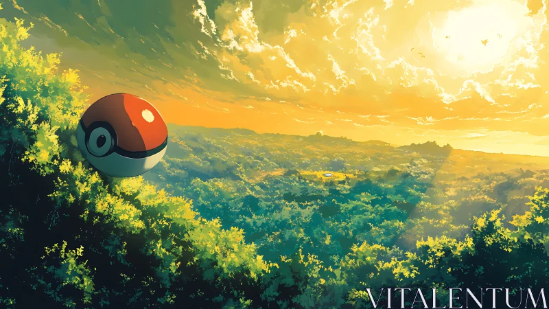 Sunlit forest valley holds giant red sphere over canopy