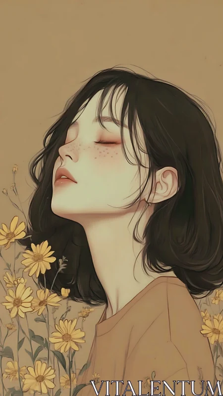 Freckled girl in profile amid yellow wildflowers at dusk.