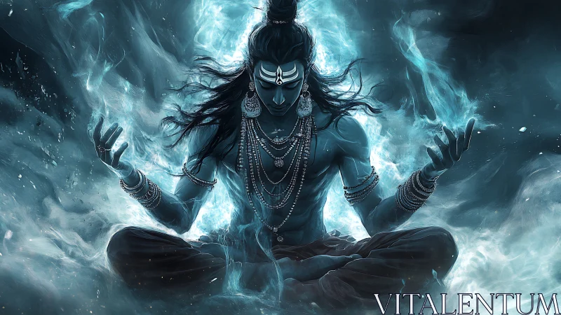 Blue cosmic deity meditates within swirling astral fire.