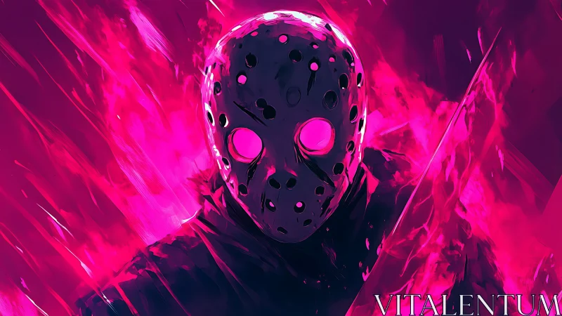 Neon masked phantom stalks through electric magenta flames