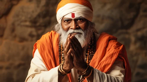 Photorealistic portrait of elderly guru in devotional gesture.