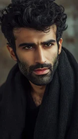 Cinematic male portrait with textured scarf and moody light.