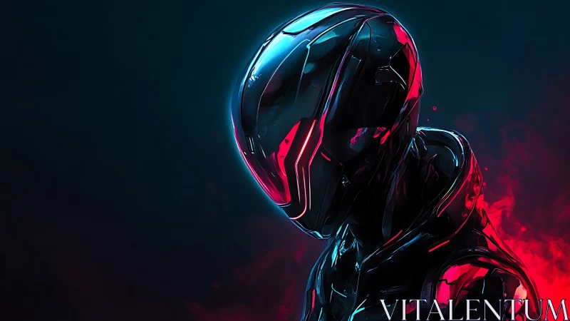 Neon-lit cybernetic helmeted figure emerges from crimson haze