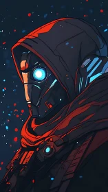 Hooded cybernetic assassin portrait in neon-lit profile.
