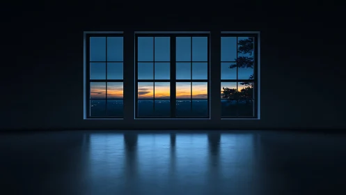 Empty dark interior frames sunset through three tall windows