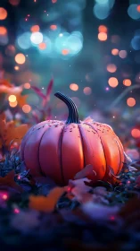 Twilight firefly bokeh crowns a dew-kissed pumpkin jewel