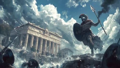 Armored Greek warrior defends ruined temple under storm clouds