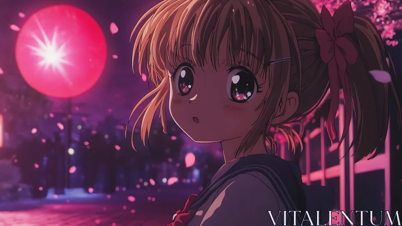 Schoolgirl gazes at glowing moon under dreamy sakura night