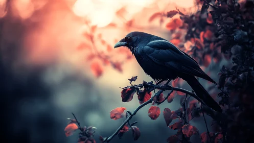 Black Crow Perched on Autumn Berry Branch at Dusk