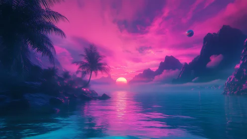 Neon lit tropical coastline under vivid magenta sunset sky