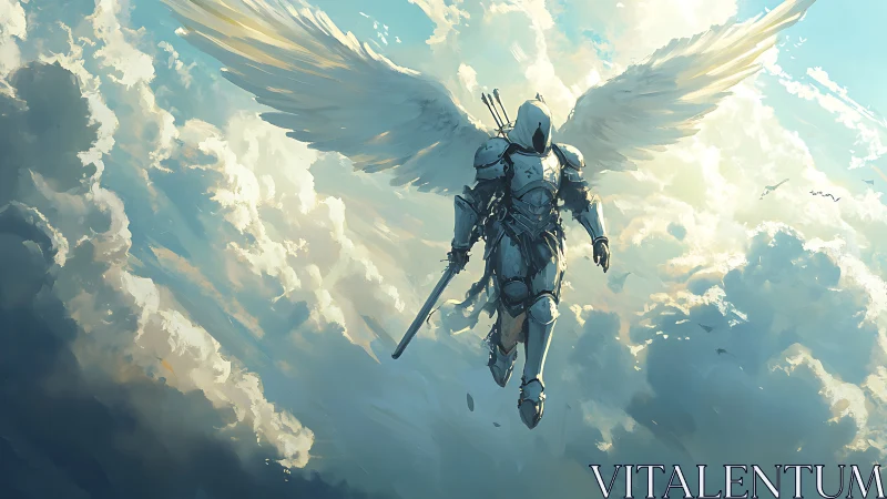 Winged armored figure descending through bright cloudscape.