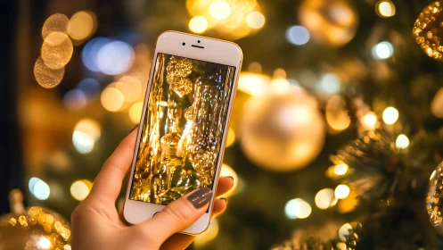 Smartphone capturing golden Christmas tree lights.