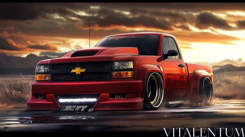 Bold red custom pickup truck glows against a vivid sunset sky