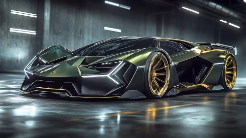 Low-angle view of metallic green supercar in garage.