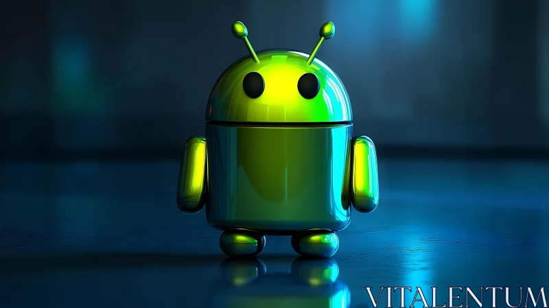 Chromed android mascot rendered as luminous 3D character