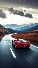 Red mid‑engine sports coupe on wet alpine highway at dusk