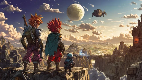 Time-tossed heroes gaze across a crumbling skyward frontier.