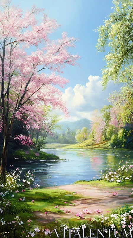 Spring riverside landscape shows detailed floral lighting gradients