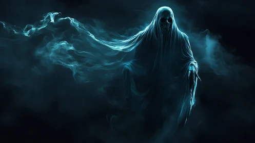 Spectral wraith drifts through swirling blue phantom mist.