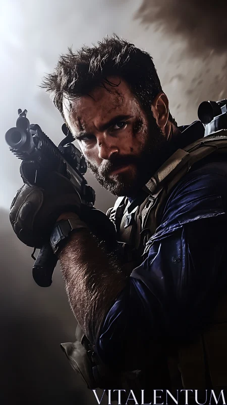 Battle-hardened special forces soldier aims rifle in dust storm.