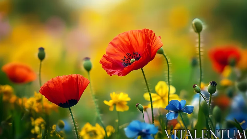 Red Poppies Bloom Among Wildflowers in Sunlit Garden