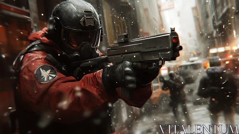 Urban tactical operative aiming rifle in snowfall barrage.