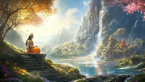 Serene deity meditating beside river in lush mountain valley.