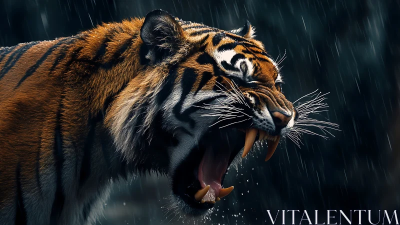 Roaring tiger in heavy rain highlights wet fur, fangs and motion blur