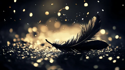 Solitary feather resting in glowing golden bokeh nightscape.