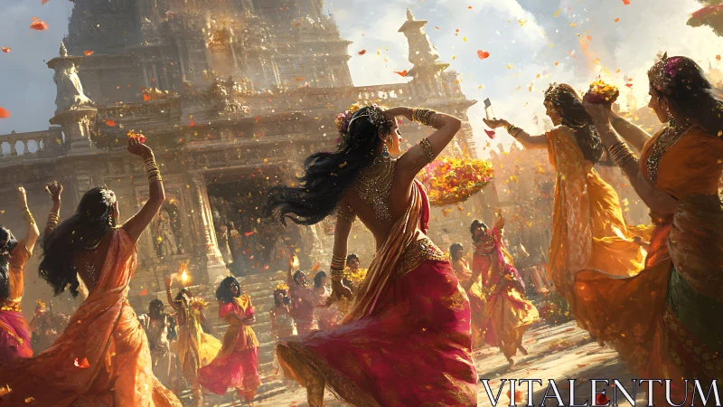 Digital painting of temple festival dancers in motion-rich composition.